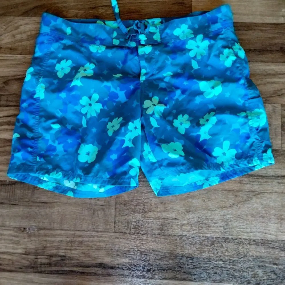Cabela's‎ Mens Large Board Shorts Surf Swim Trunks Blue Tropical Flowers Tiki
